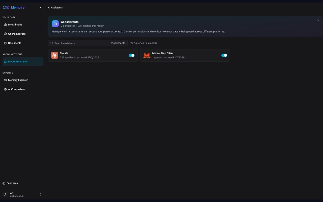 Mémoire AI Assistants - Claude and Mistral connected